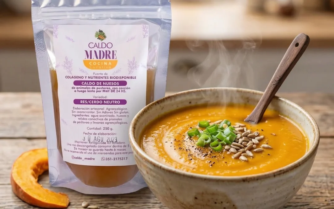 Plato de calabaza horneada preparada con caldo de hueso nutritivo Caldo Madre